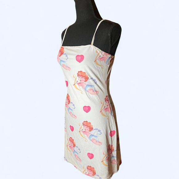 Y2K Cupid Cherub Heart Print Mini Slip Dress Coquette Valentine Size Small 💘 - Picture 6 of 7